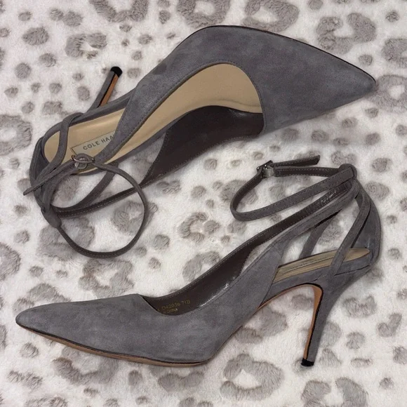 Cole Haan Dove Gray Suede Ankle Strap Heels - Picture 5 of 11